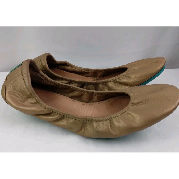 Tieks By Gavrieli Metallic Gold Ballet Flats Leather Teal Accents Women's Size 9 - Picture 2 of 12